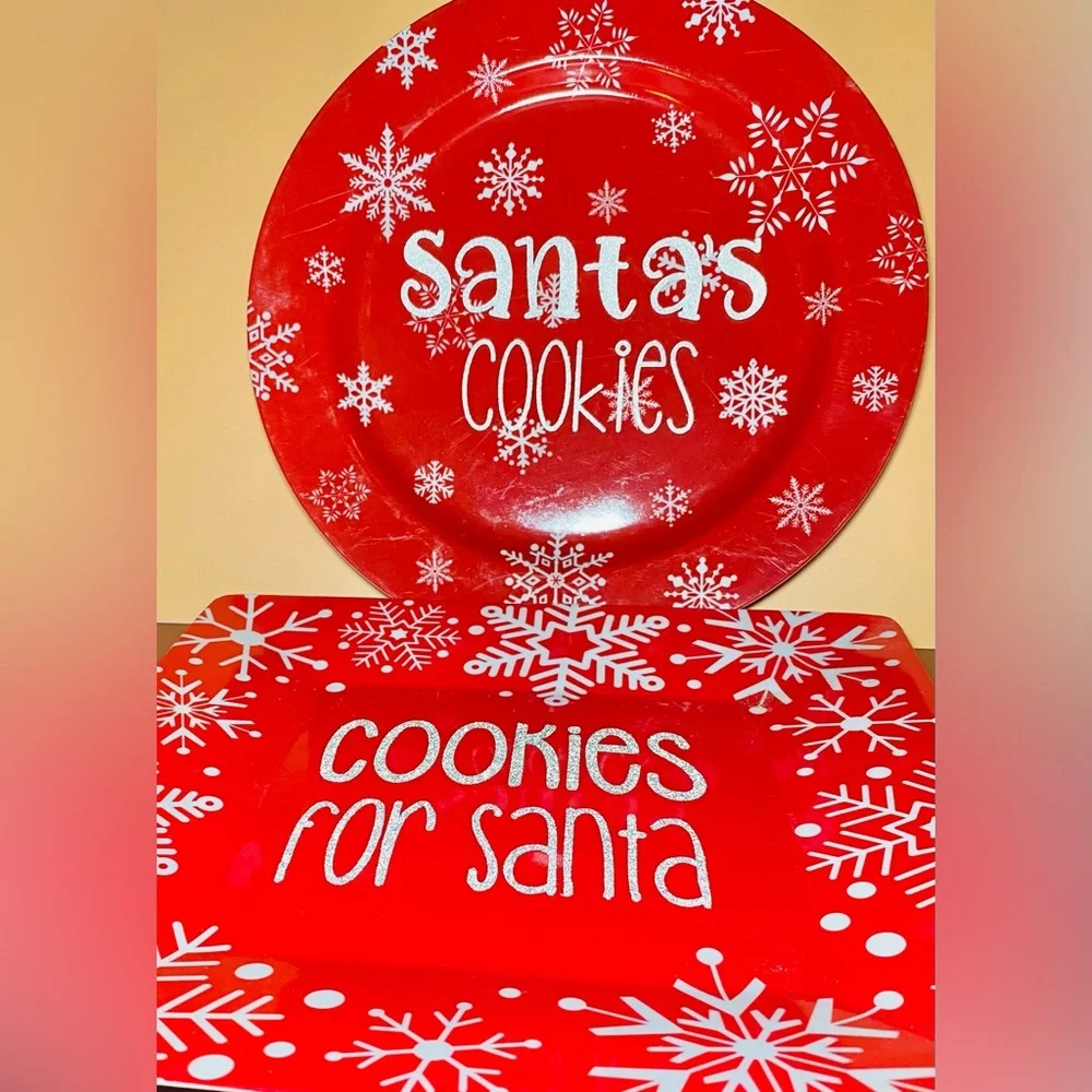 Christmas Cookies For Santa Red Snowflakes Party Holiday Serving Tray Platter 2